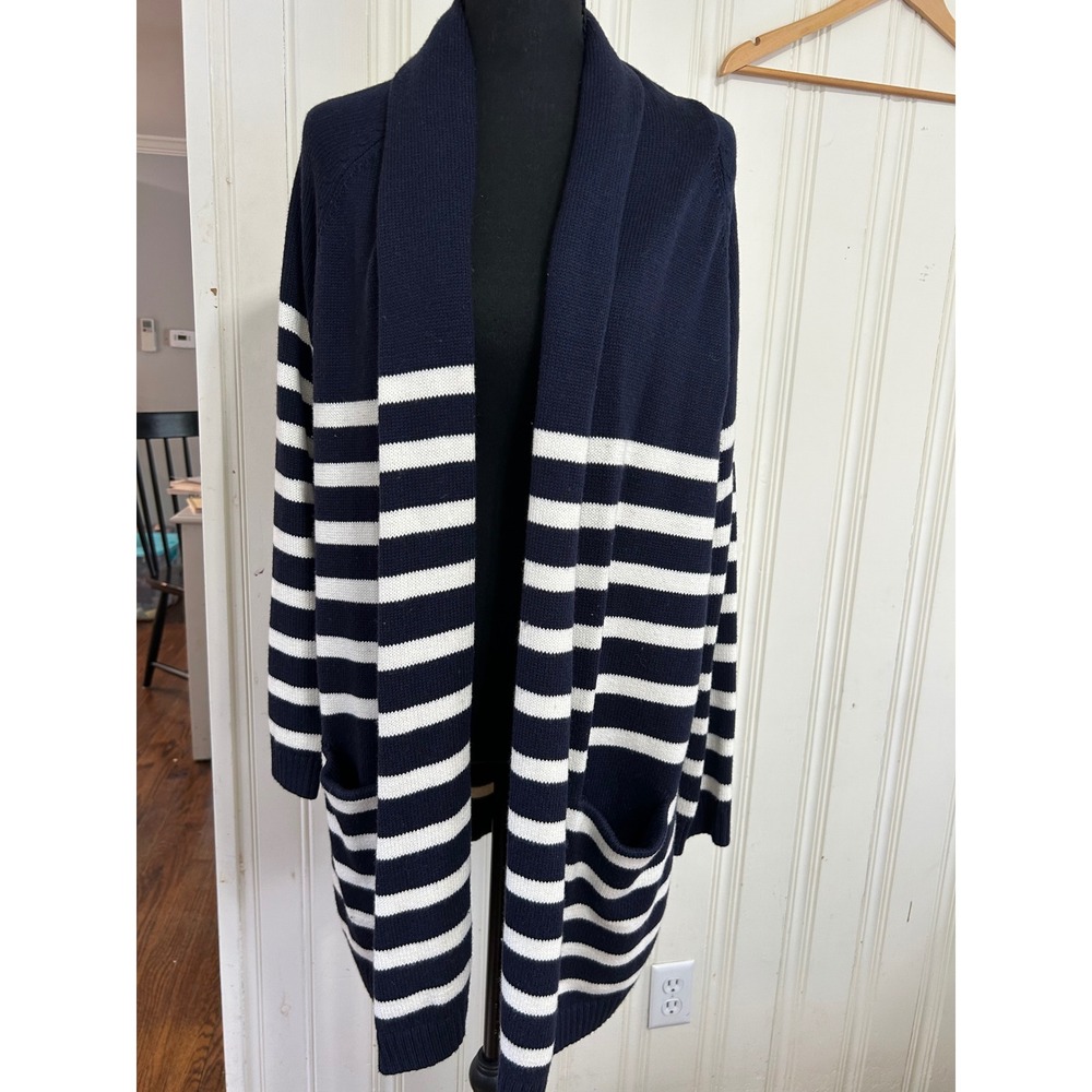 Talbots Nautical Navy White Striped Coastal Shawl Collar Cardigan Sweater XL